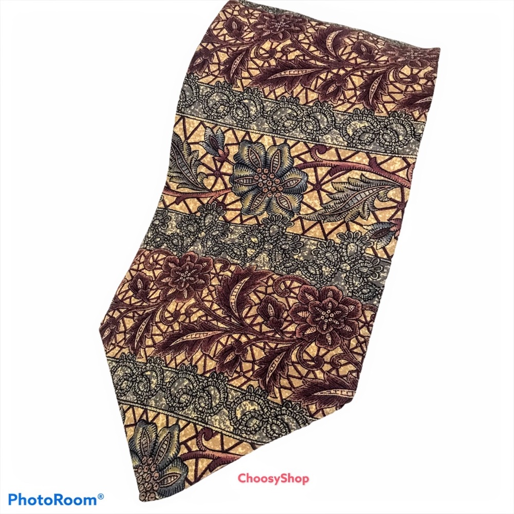 Silk Tie Van Heusen Maroon Forest Green Tan Floral Silk Tie